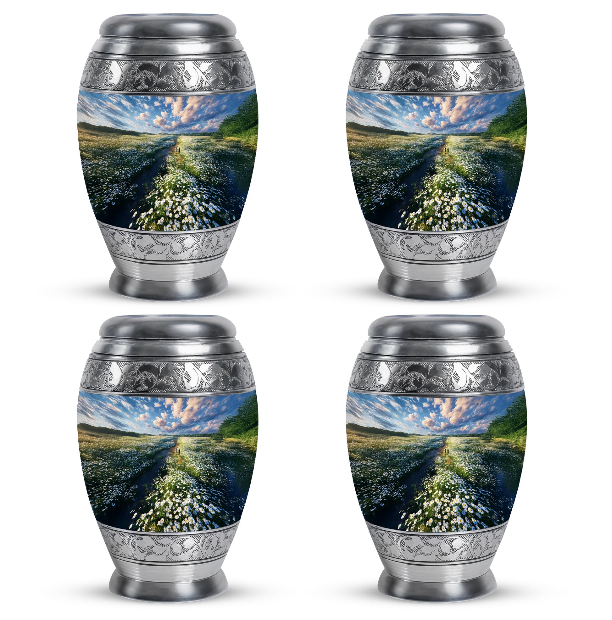 Serene Blue Daisy Cremation Urn urn with complimentary velvet bag - royal daisy engraving with decorative scrollwork - 10 inch aluminum urn for cremated remains
