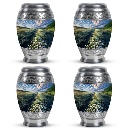 Serene Blue Daisy Cremation Urn urn with complimentary velvet bag - royal daisy engraving with decorative scrollwork - 10 inch aluminum urn for cremated remains