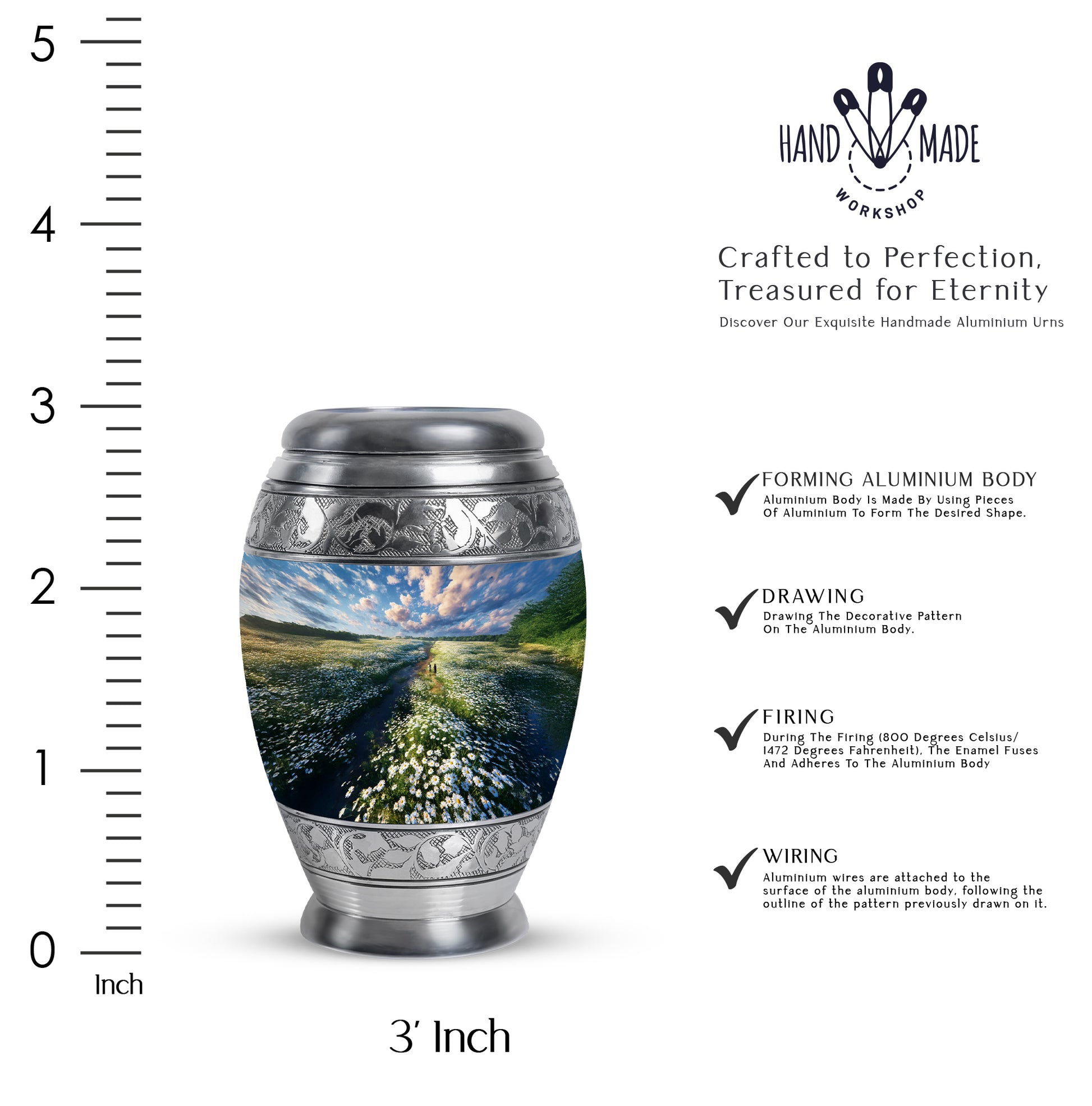 Azure Daisy Cremation Urn lifestyle display on memorial shelf - ornate monarch-style daisy relief on brushed aluminum - mini keepsake memorial for portion of cremation ashes