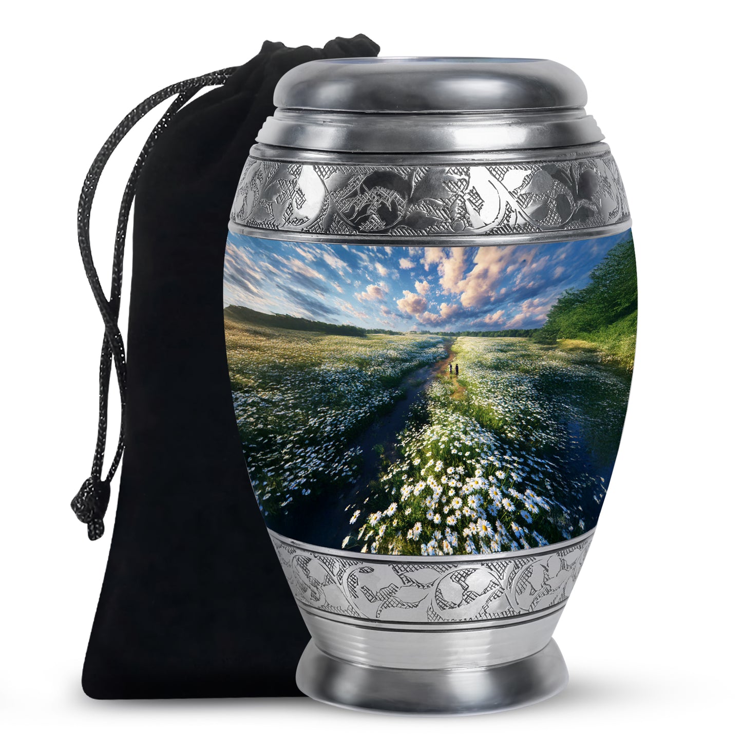Cobalt Blue Daisy Cremation Urn back view with polished surface - royal daisy engraving with decorative scrollwork - full-size 10 inch 200 cubic inch adult cremation urn
