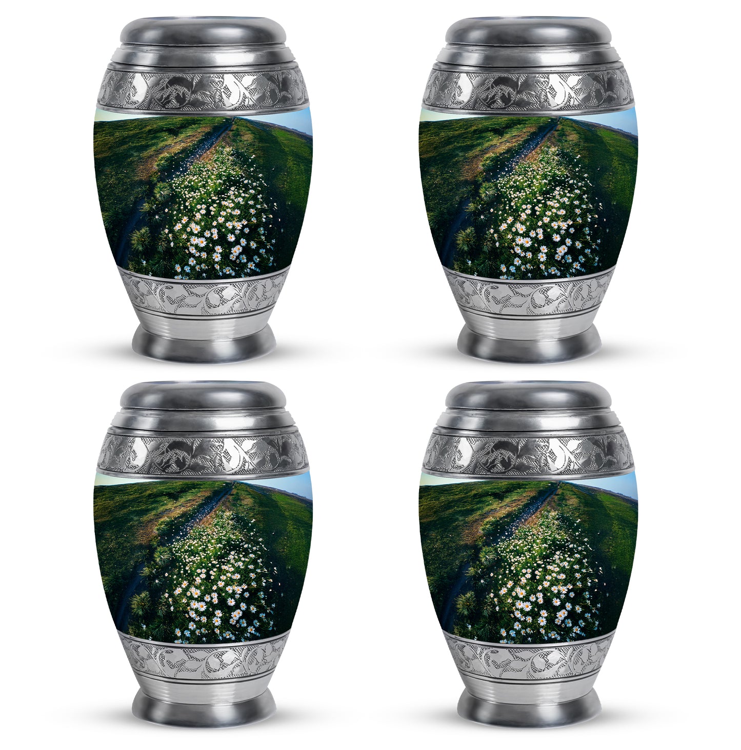 Verdant Green Daisy Cremation Urn urn with complimentary velvet bag - ornate monarch-style daisy relief on brushed aluminum - 10 inch aluminum urn for cremated remains