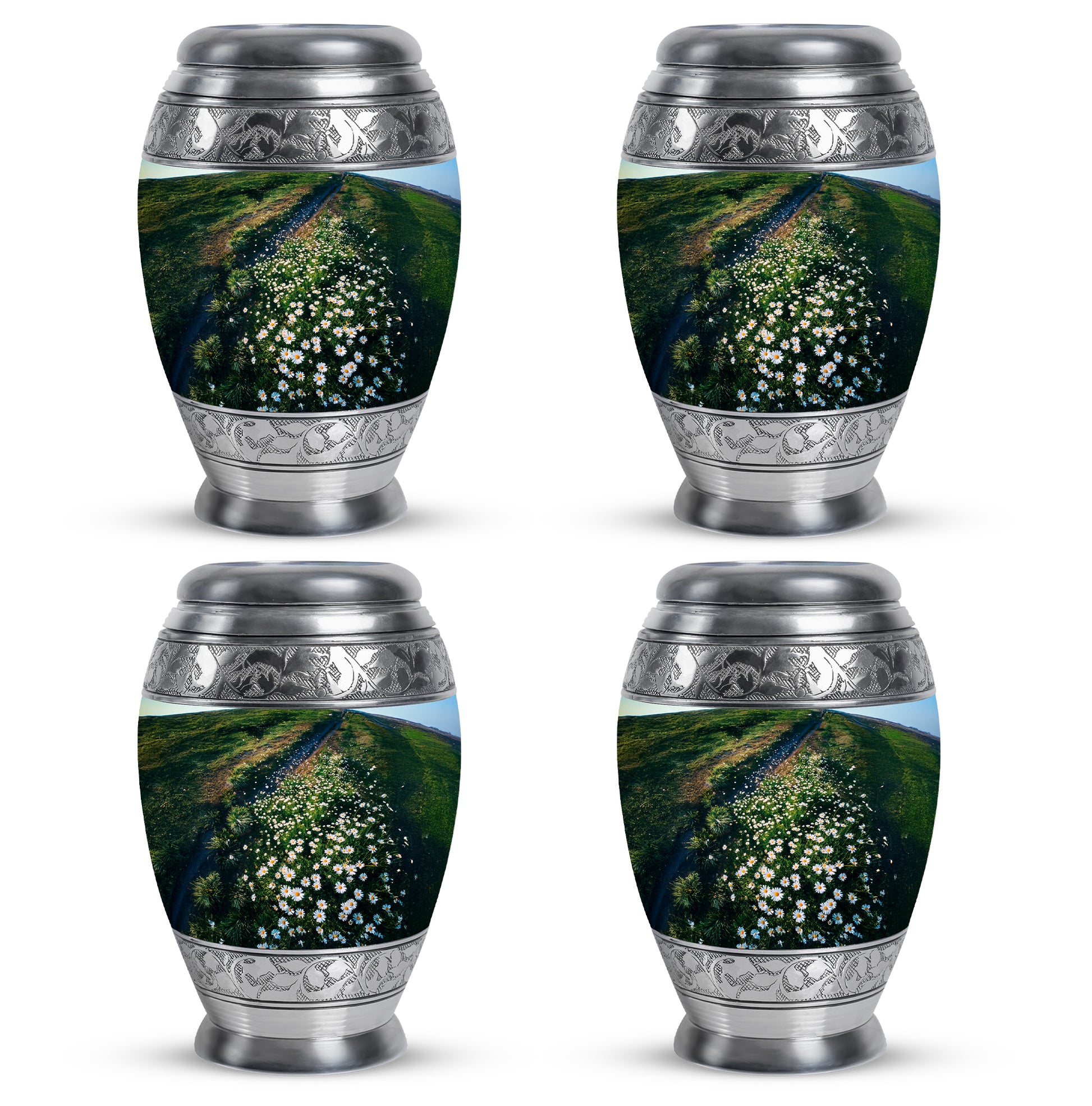 Verdant Green Daisy Cremation Urn urn with complimentary velvet bag - ornate monarch-style daisy relief on brushed aluminum - 10 inch aluminum urn for cremated remains