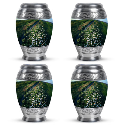 Verdant Green Daisy Cremation Urn urn with complimentary velvet bag - ornate monarch-style daisy relief on brushed aluminum - 10 inch aluminum urn for cremated remains