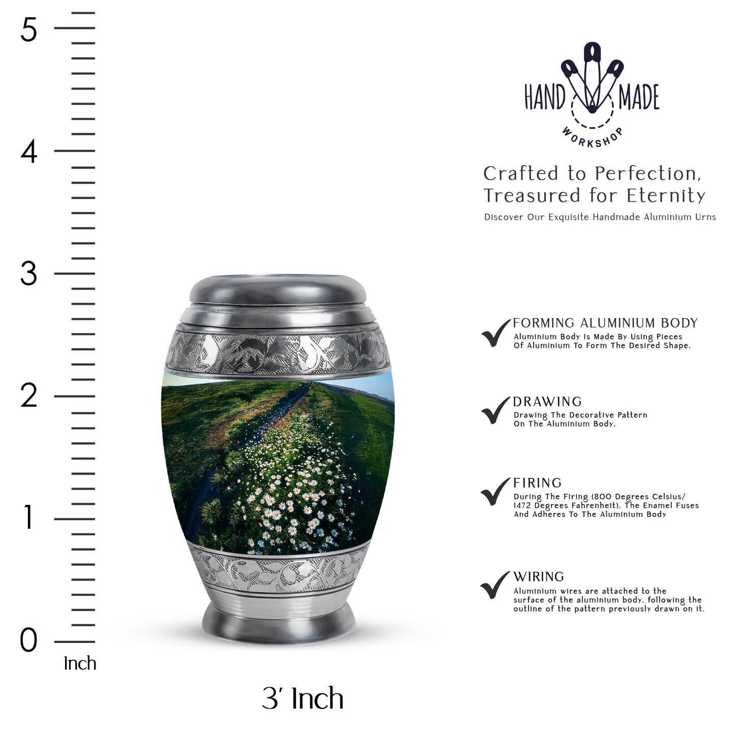 Sage Green Daisy Cremation Urn lifestyle display on memorial shelf - ornate monarch-style daisy relief on brushed aluminum - mini keepsake memorial for portion of cremation ashes