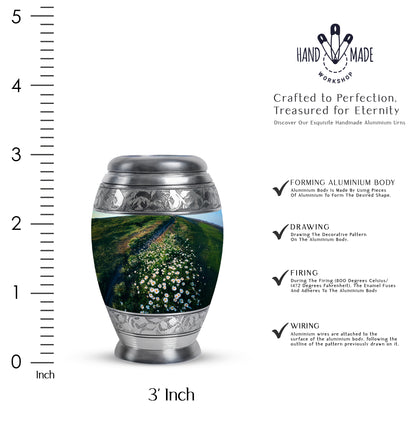 Sage Green Daisy Cremation Urn lifestyle display on memorial shelf - ornate monarch-style daisy relief on brushed aluminum - mini keepsake memorial for portion of cremation ashes