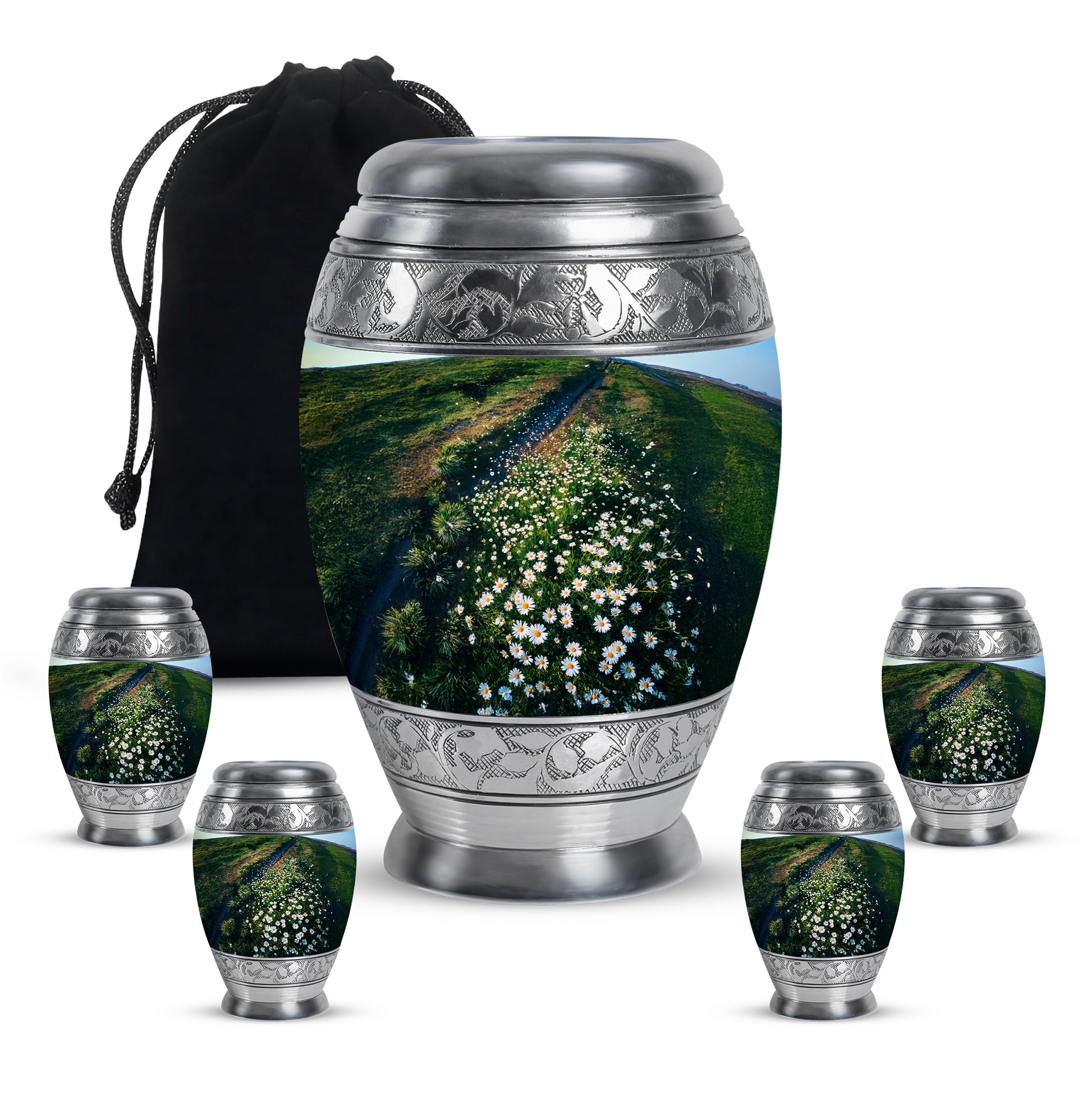 Pine Green Daisy Cremation Urn detail view - majestic daisy pattern with filigree border - memorial set with one large and four small urns