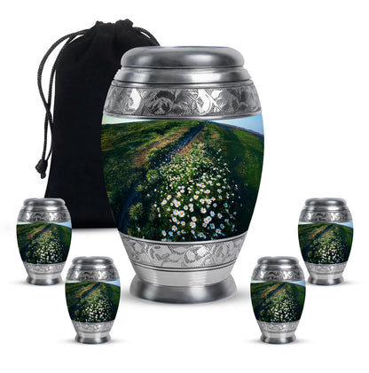 Pine Green Daisy Cremation Urn detail view - majestic daisy pattern with filigree border - memorial set with one large and four small urns