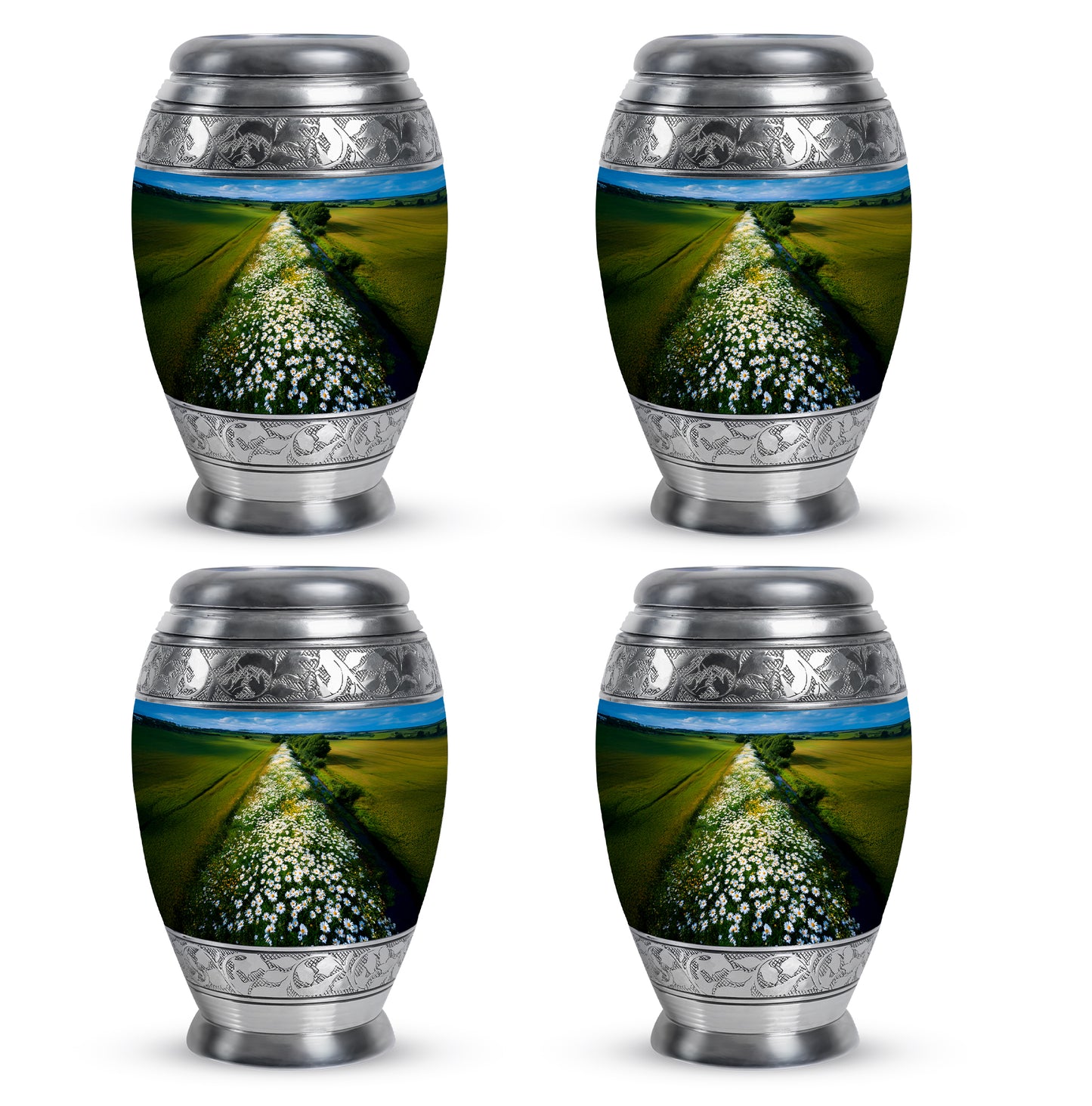Bright Blue Daisy Cremation Urn urn with complimentary velvet bag - majestic daisy pattern with filigree border - 10 inch aluminum urn for cremated remains