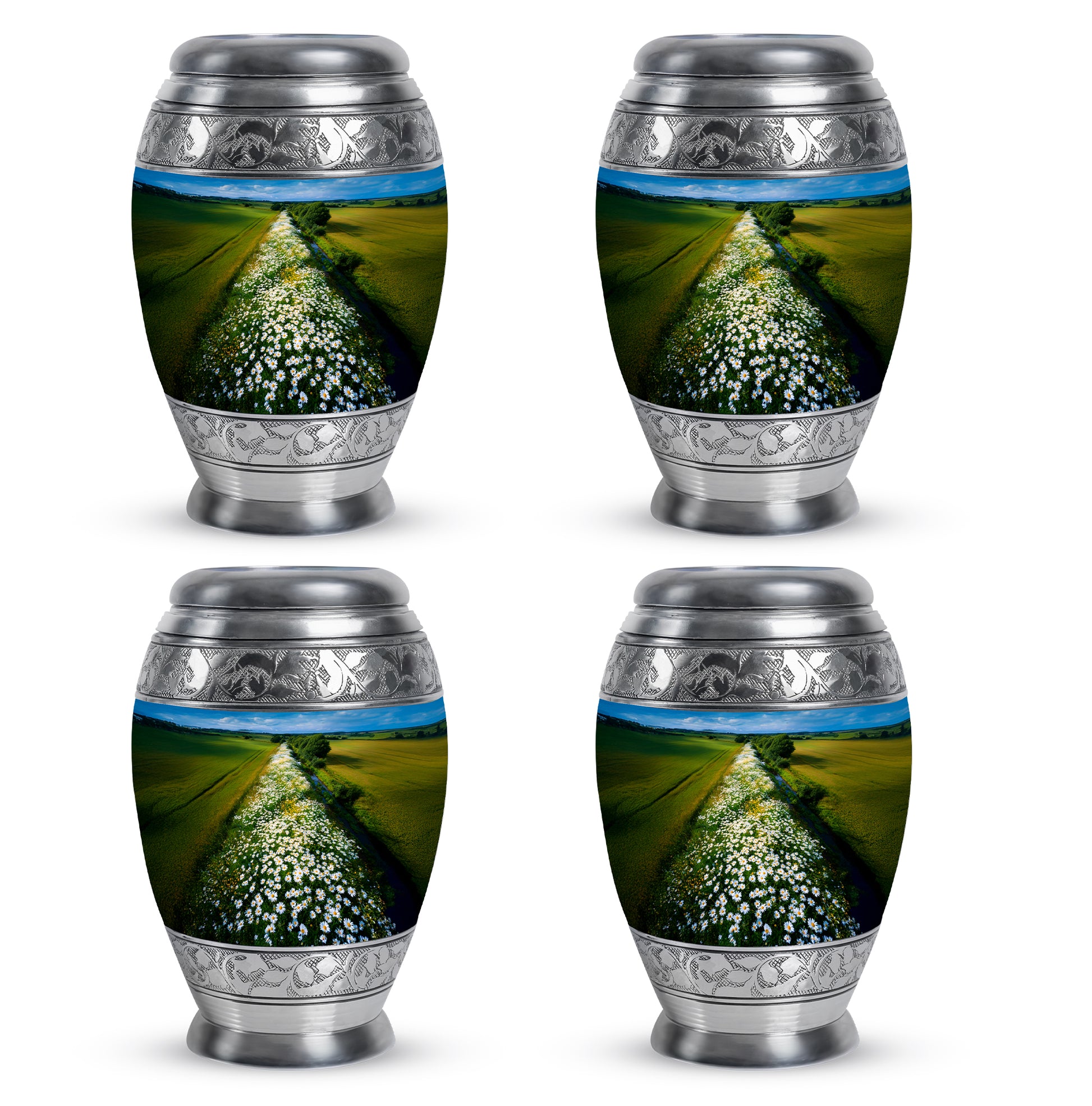 Bright Blue Daisy Cremation Urn urn with complimentary velvet bag - majestic daisy pattern with filigree border - 10 inch aluminum urn for cremated remains