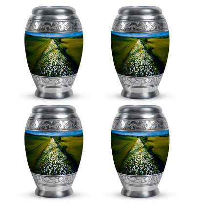 Bright Blue Daisy Cremation Urn urn with complimentary velvet bag - majestic daisy pattern with filigree border - 10 inch aluminum urn for cremated remains