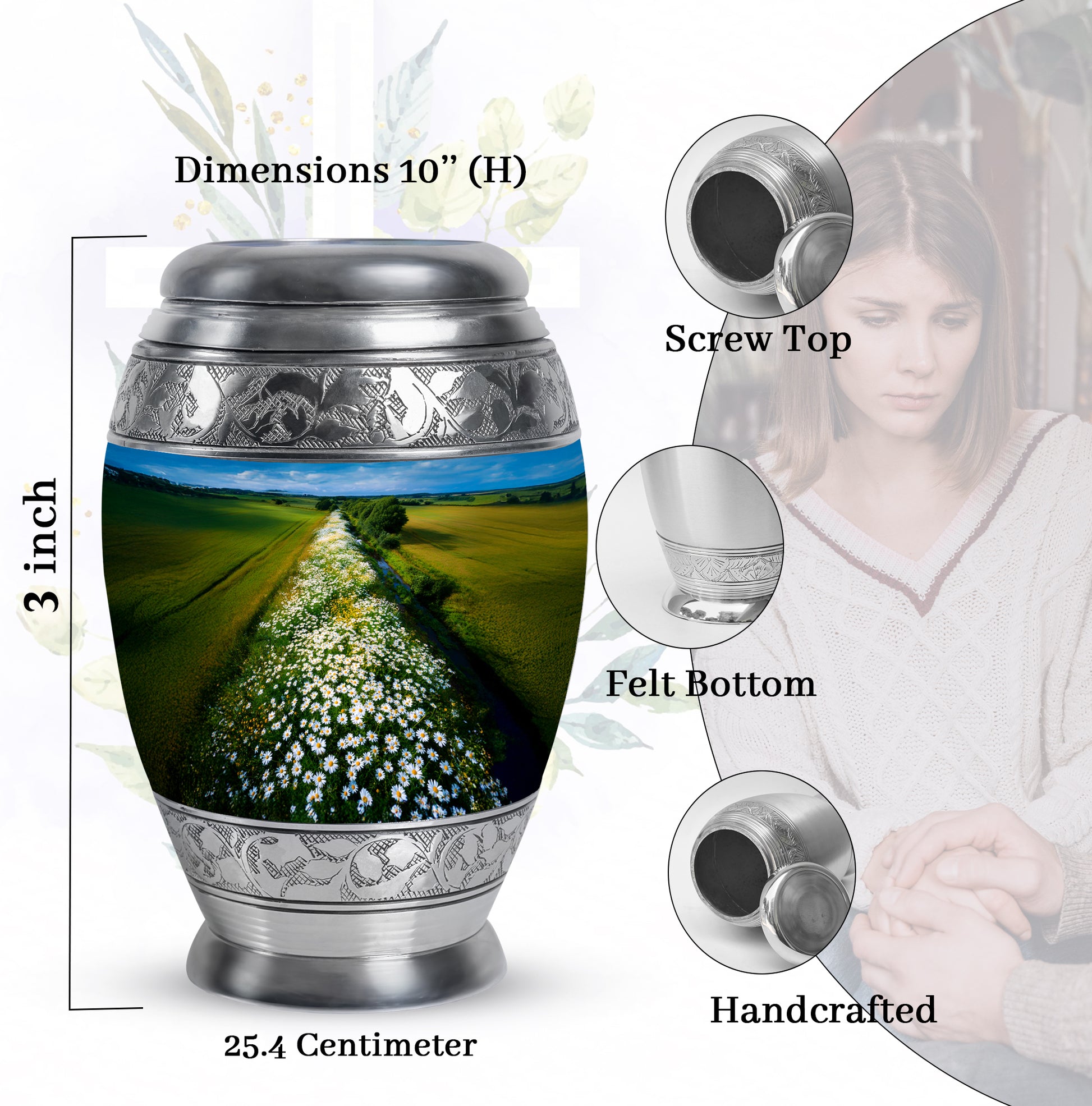 Royal Blue Daisy Cremation Urn lifestyle display on memorial shelf - majestic daisy pattern with filigree border - mini keepsake memorial for portion of cremation ashes