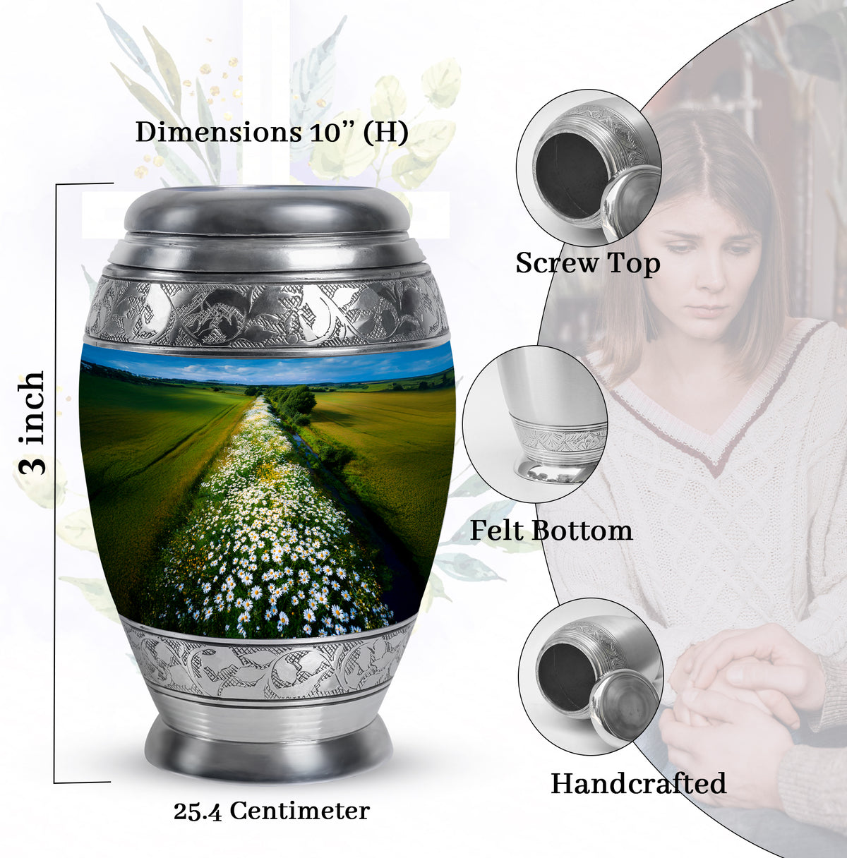 Royal Blue Daisy Cremation Urn lifestyle display on memorial shelf - majestic daisy pattern with filigree border - mini keepsake memorial for portion of cremation ashes