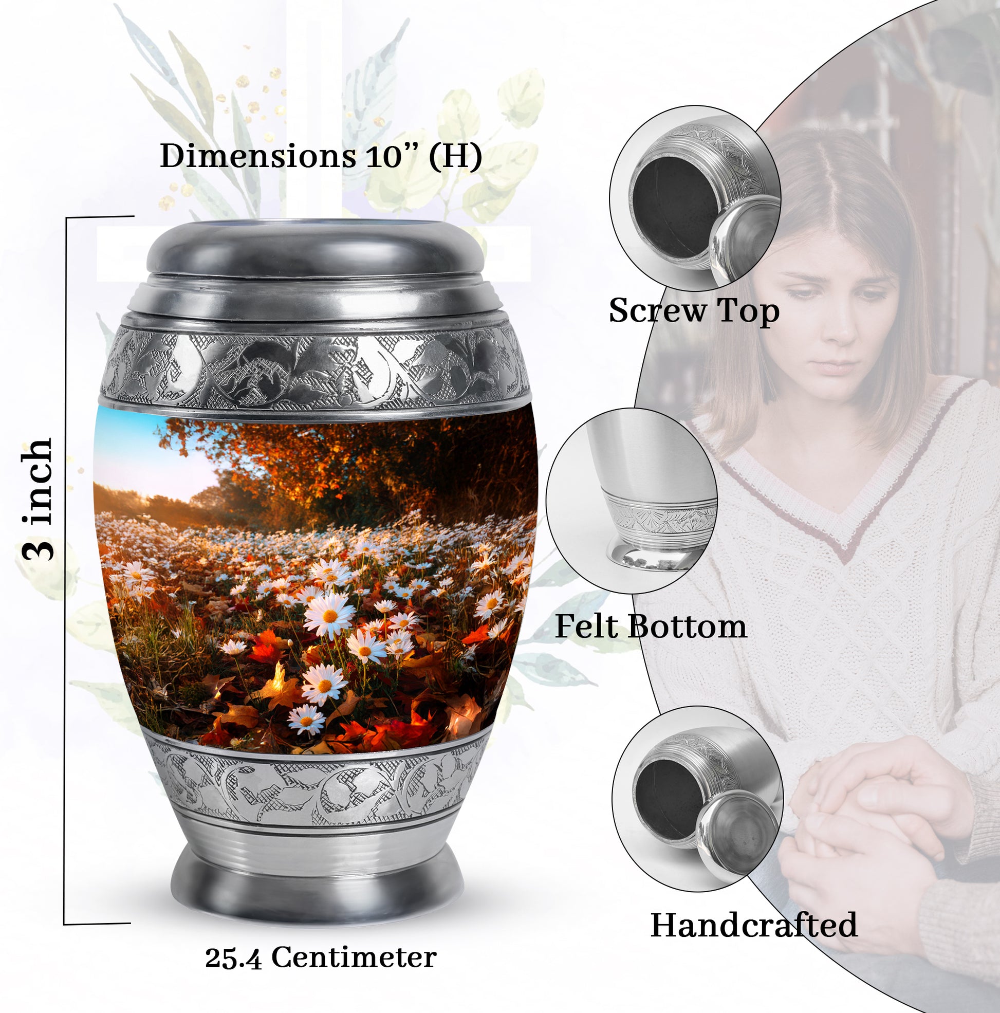 Harvest Gold Daisy Cremation Urn lifestyle display on memorial shelf - royal daisy engraving with decorative scrollwork - mini keepsake memorial for portion of cremation ashes