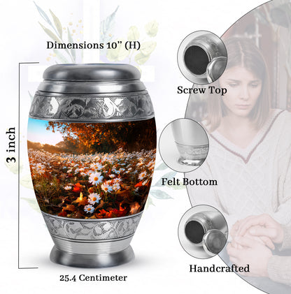 Harvest Gold Daisy Cremation Urn lifestyle display on memorial shelf - royal daisy engraving with decorative scrollwork - mini keepsake memorial for portion of cremation ashes