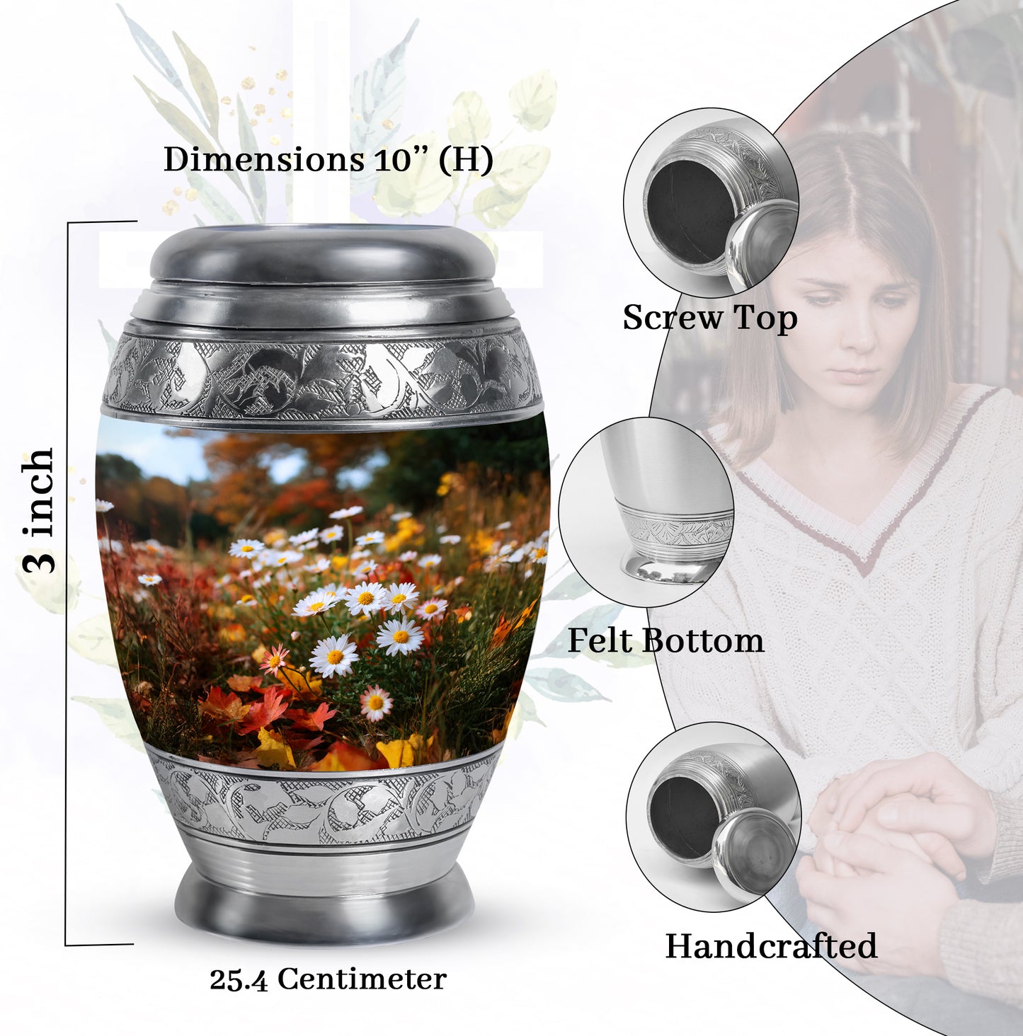 Antique Gold Daisy Cremation Urn lifestyle display on memorial shelf - ornate monarch-style daisy relief on brushed aluminum - mini keepsake memorial for portion of cremation ashes
