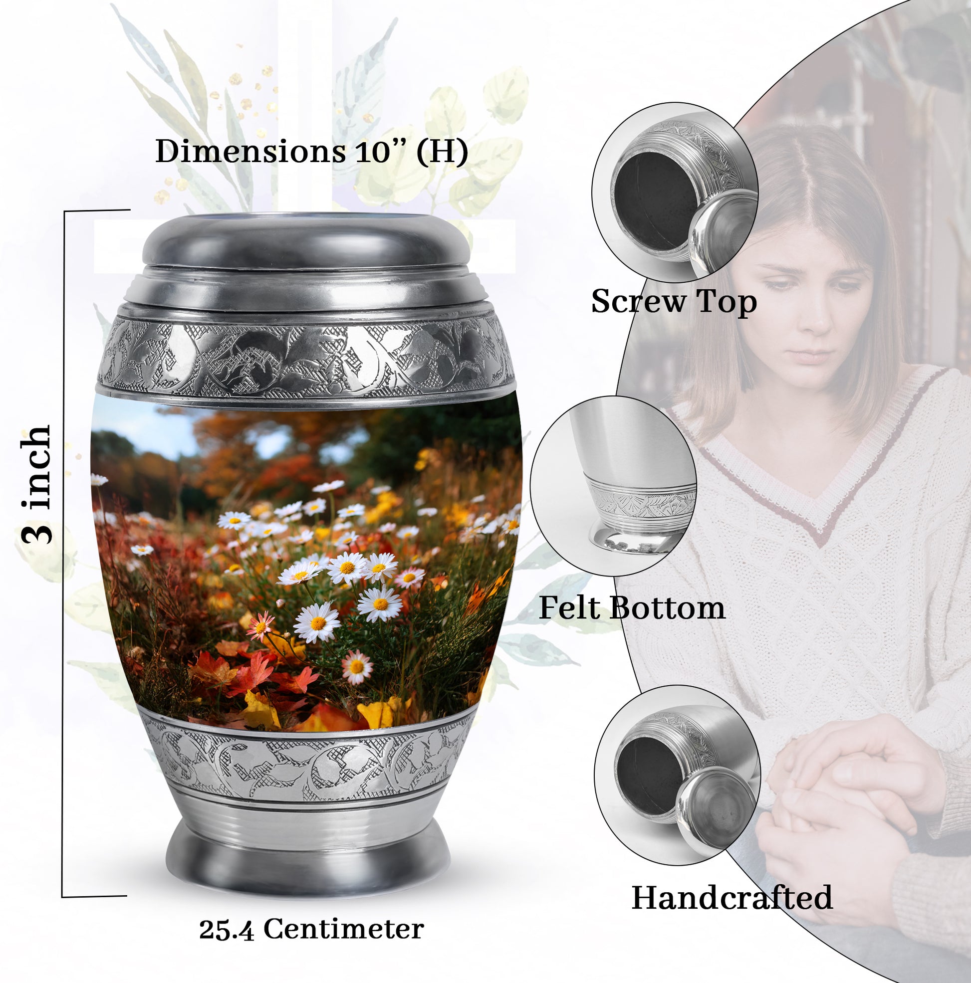 Antique Gold Daisy Cremation Urn lifestyle display on memorial shelf - ornate monarch-style daisy relief on brushed aluminum - mini keepsake memorial for portion of cremation ashes