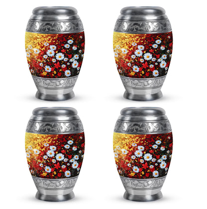 Royal Gold Daisy Cremation Urn urn with complimentary velvet bag - majestic daisy pattern with filigree border - 10 inch aluminum urn for cremated remains