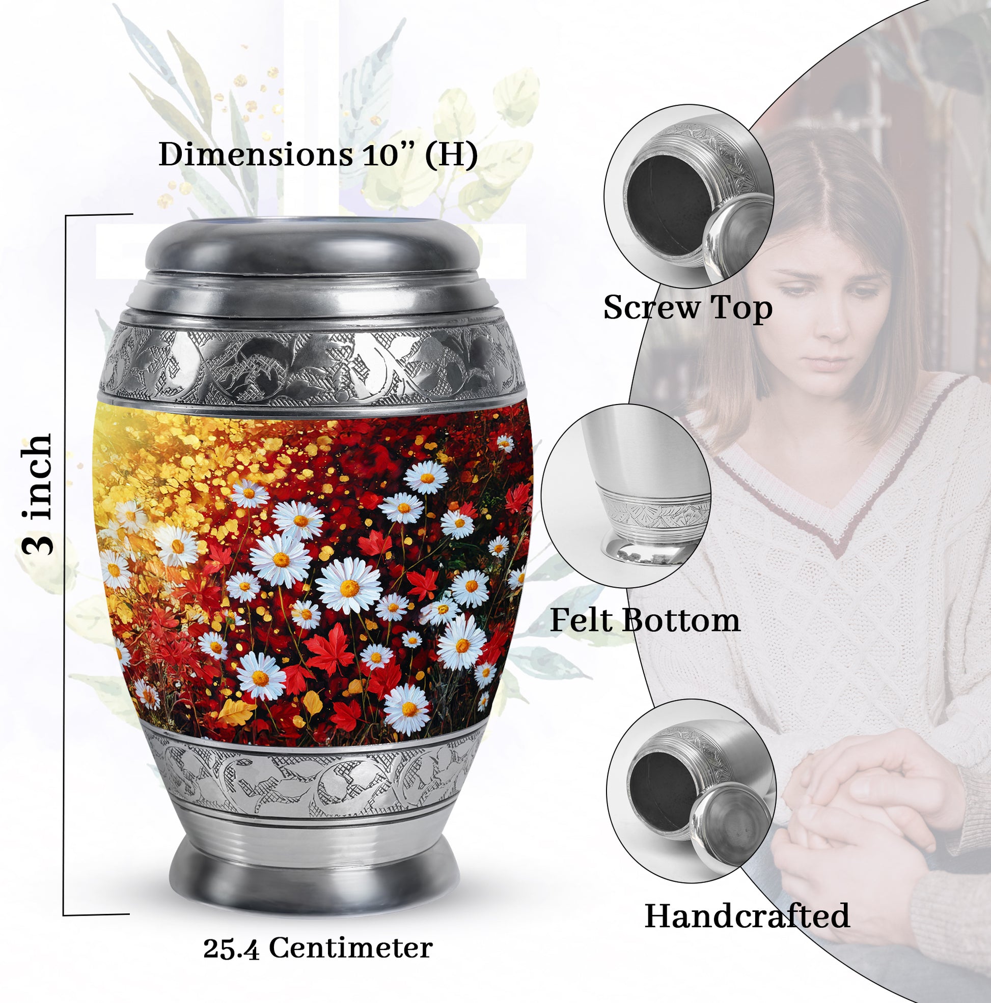 Champagne Gold Daisy Cremation Urn lifestyle display on memorial shelf - regal daisy design with crown-inspired accents - mini keepsake memorial for portion of cremation ashes
