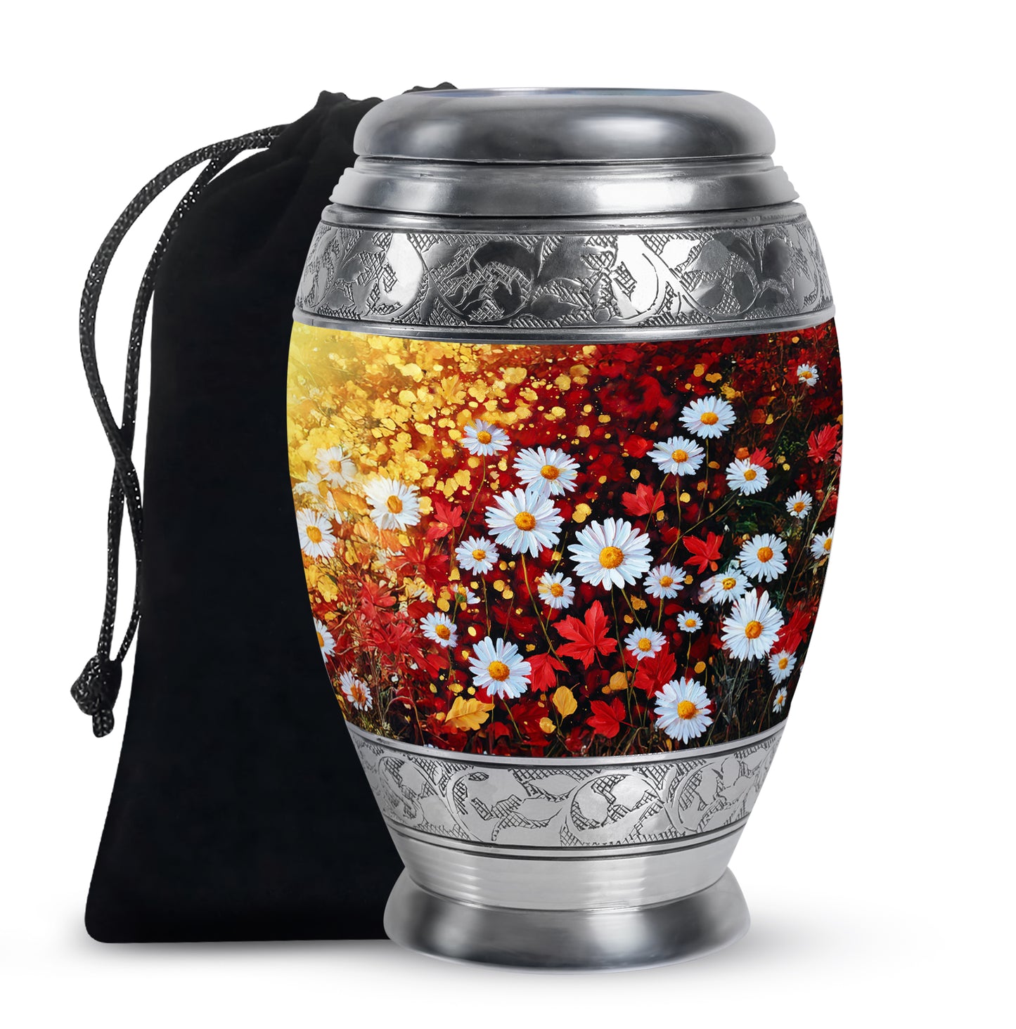 Royal Gold Daisy Cremation Urn back view with polished surface - royal daisy engraving with decorative scrollwork - full-size 10 inch 200 cubic inch adult cremation urn