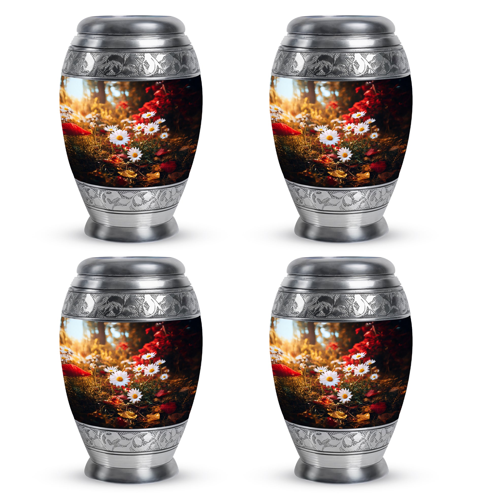 Gilded Gold Daisy Cremation Urn urn with complimentary velvet bag - regal daisy design with crown-inspired accents - 10 inch aluminum urn for cremated remains