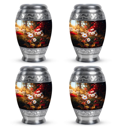 Gilded Gold Daisy Cremation Urn urn with complimentary velvet bag - regal daisy design with crown-inspired accents - 10 inch aluminum urn for cremated remains