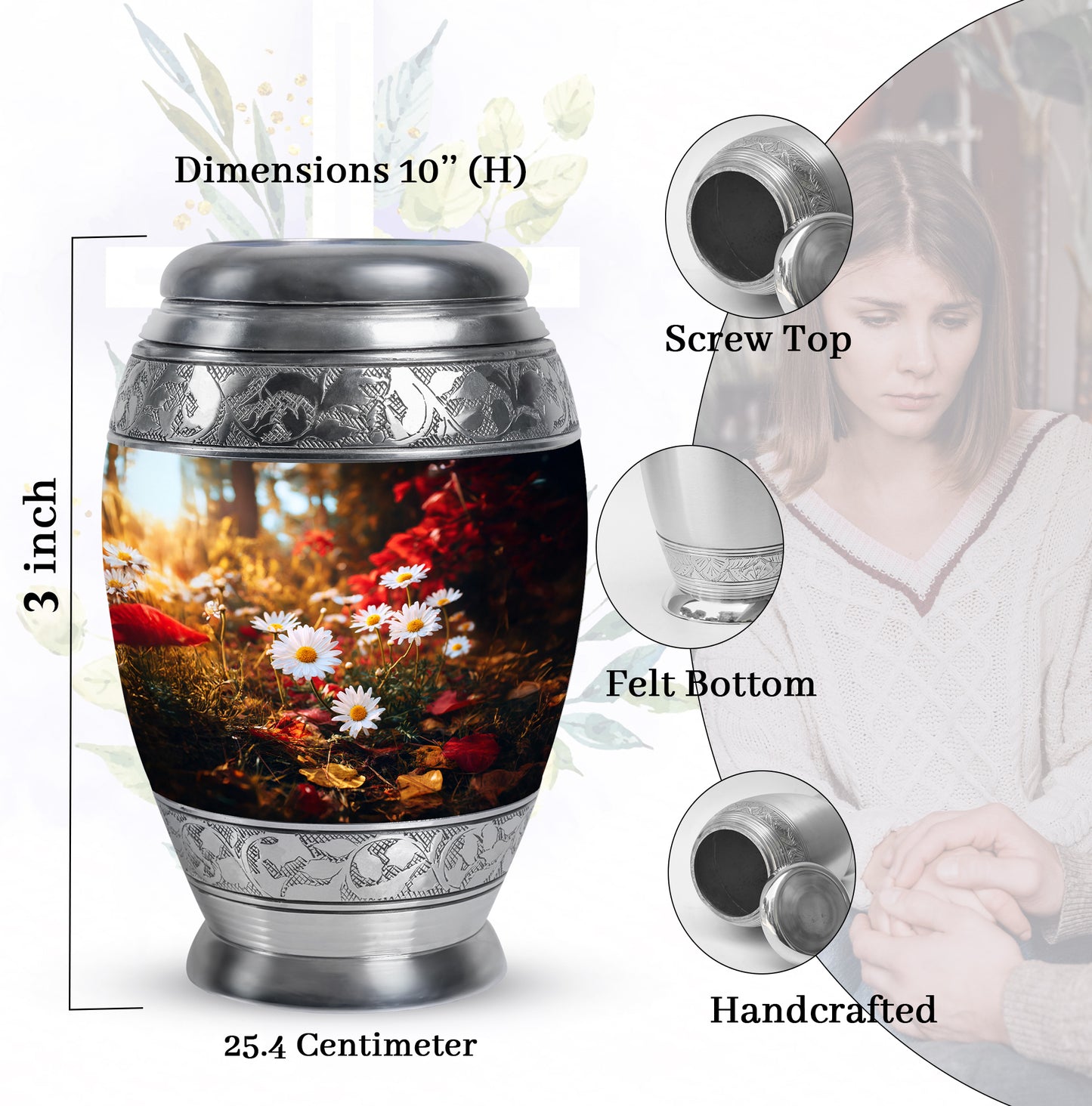 Amber Gold Daisy Cremation Urn lifestyle display on memorial shelf - regal daisy design with crown-inspired accents - mini keepsake memorial for portion of cremation ashes