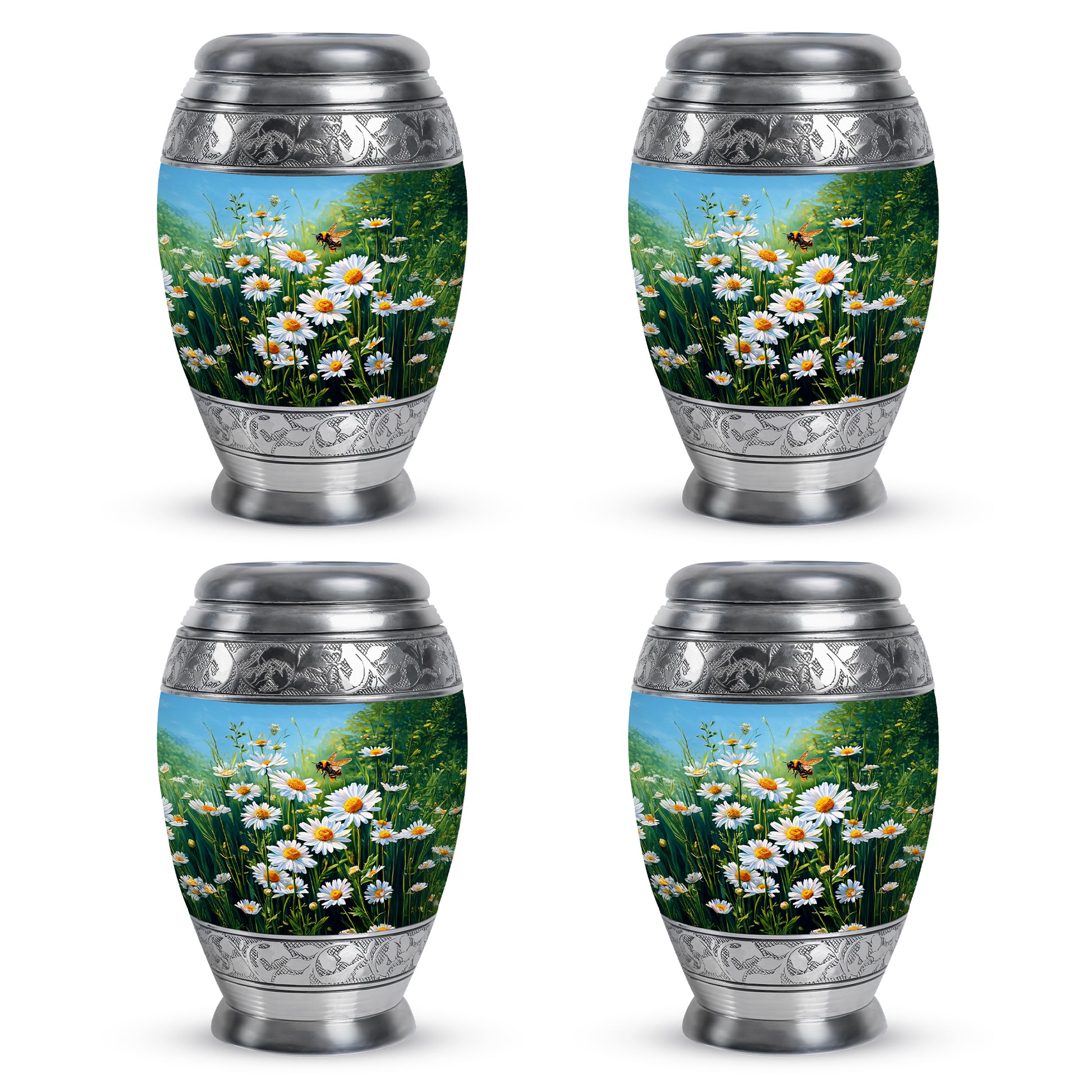 Jewel Teal Daisy Cremation Urn urn with complimentary velvet bag - ornate monarch-style daisy relief on brushed aluminum - 10 inch aluminum urn for cremated remains
