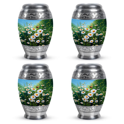 Jewel Teal Daisy Cremation Urn urn with complimentary velvet bag - ornate monarch-style daisy relief on brushed aluminum - 10 inch aluminum urn for cremated remains