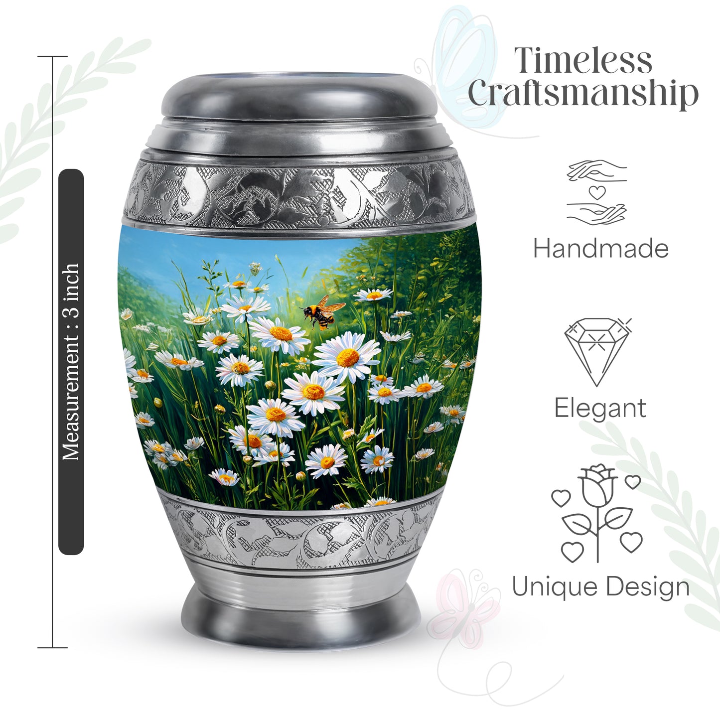 Sea Green Teal Daisy Cremation Urn lifestyle display on memorial shelf - ornate monarch-style daisy relief on brushed aluminum - mini keepsake memorial for portion of cremation ashes