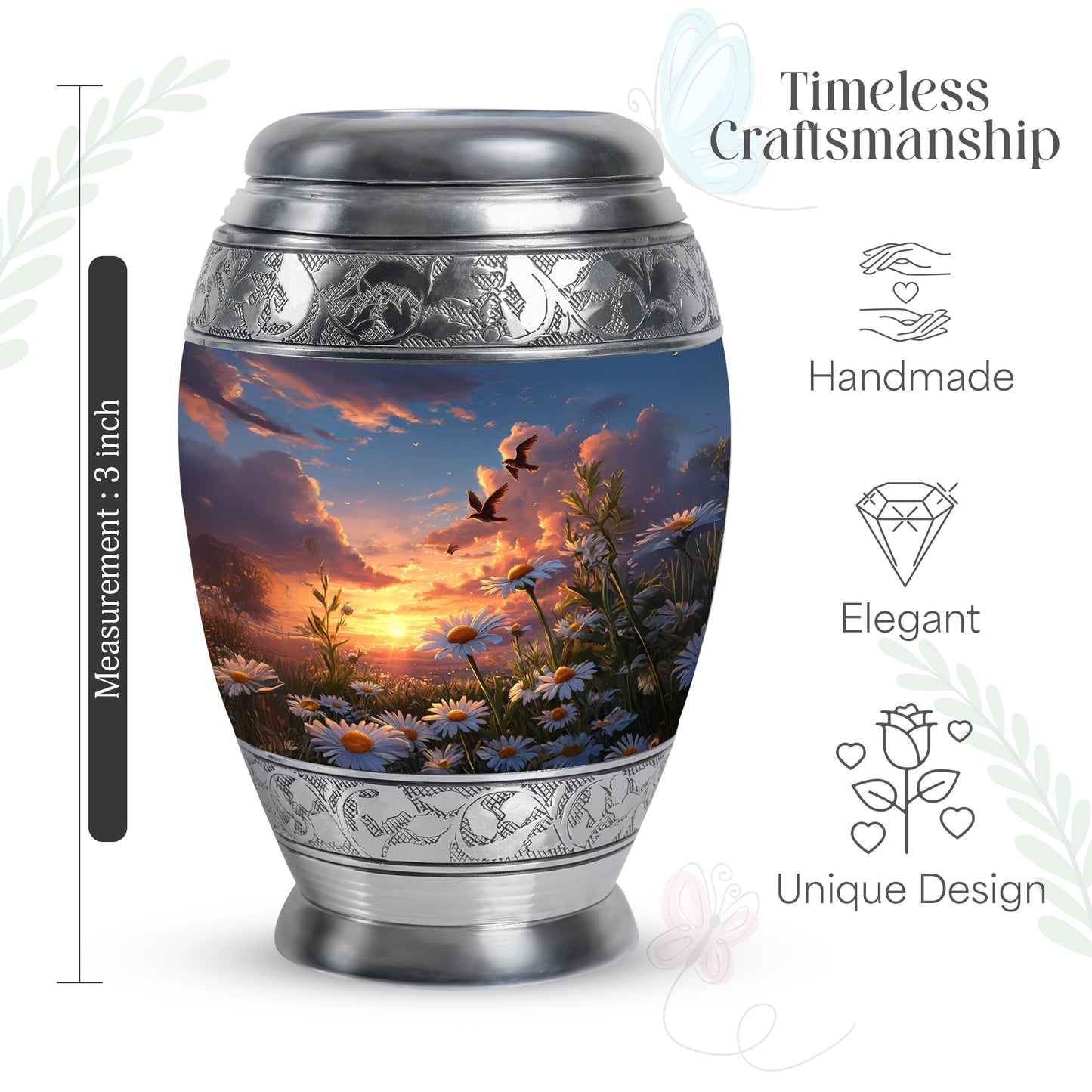 Royal Blue Daisy Cremation Urn lifestyle display on memorial shelf - majestic daisy pattern with filigree border - mini keepsake memorial for portion of cremation ashes