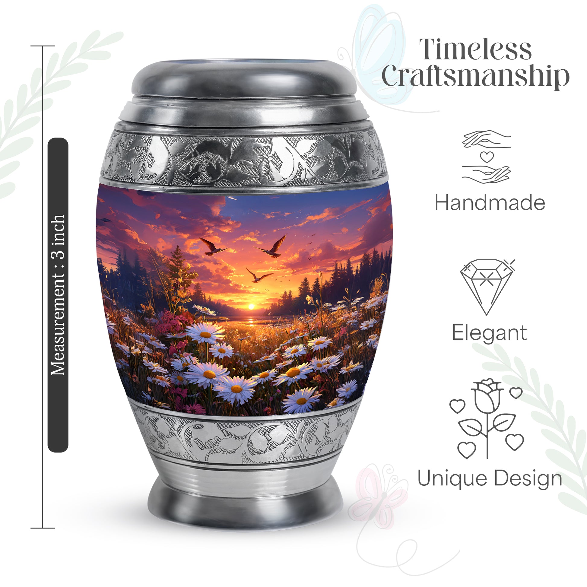 Dusty Blue Daisy Cremation Urn lifestyle display on memorial shelf - ornate monarch-style daisy relief on brushed aluminum - mini keepsake memorial for portion of cremation ashes