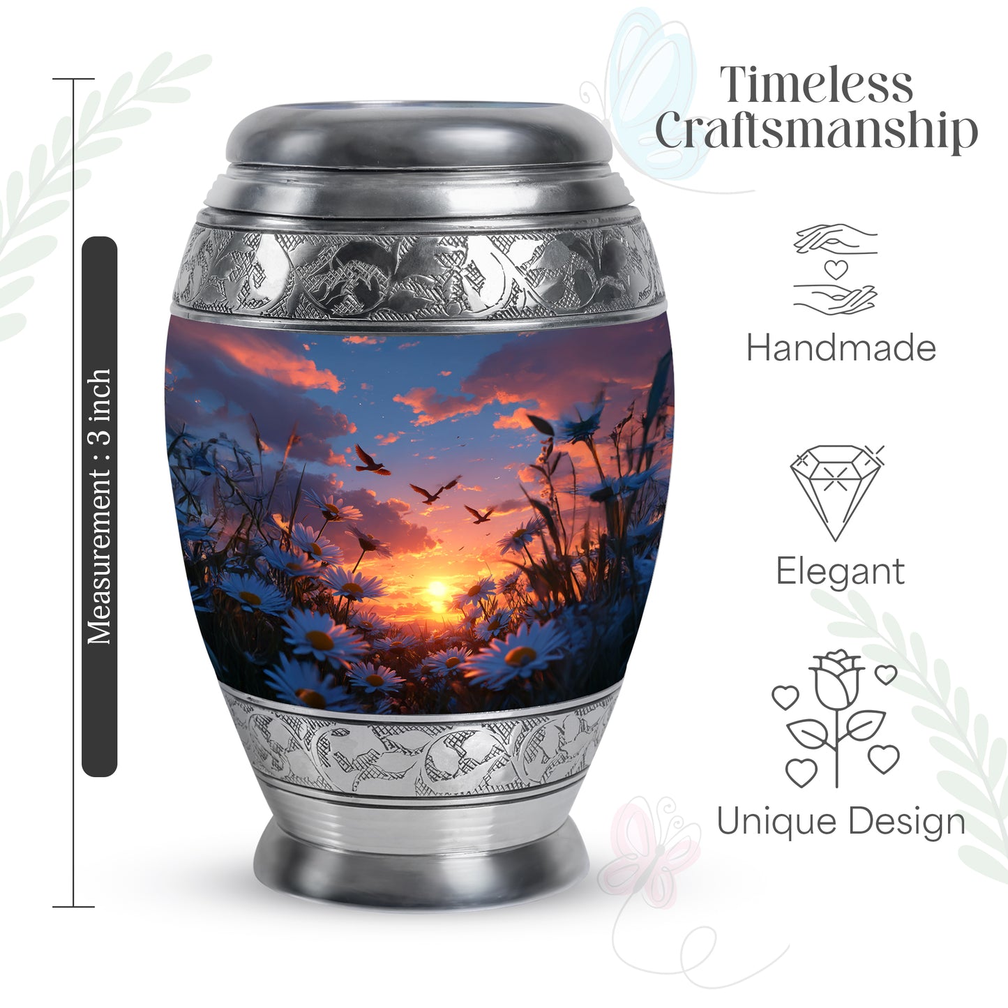 Vivid Blue Daisy Cremation Urn lifestyle display on memorial shelf - royal daisy engraving with decorative scrollwork - mini keepsake memorial for portion of cremation ashes