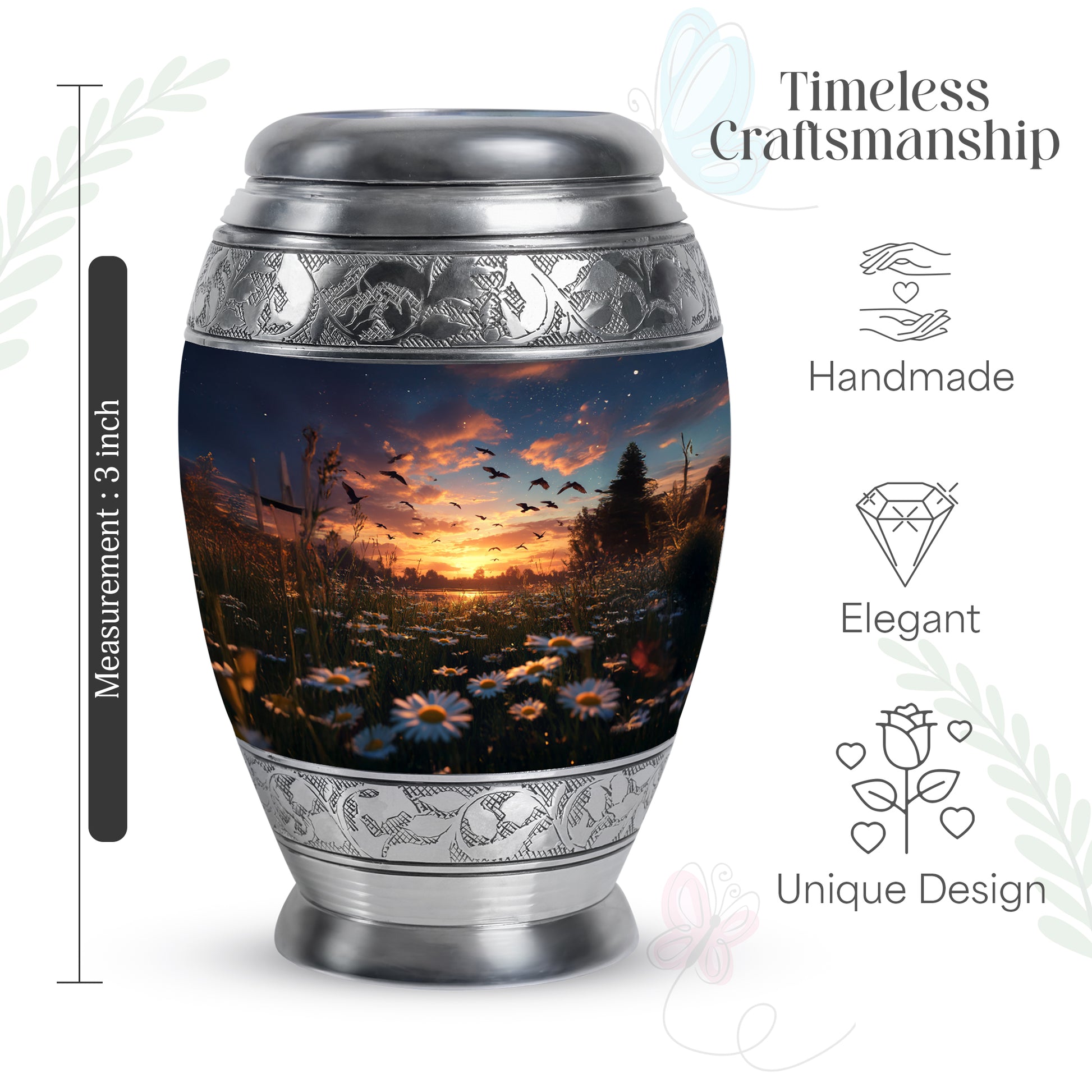 Pastel Blue Daisy Cremation Urn lifestyle display on memorial shelf - regal daisy design with crown-inspired accents - mini keepsake memorial for portion of cremation ashes