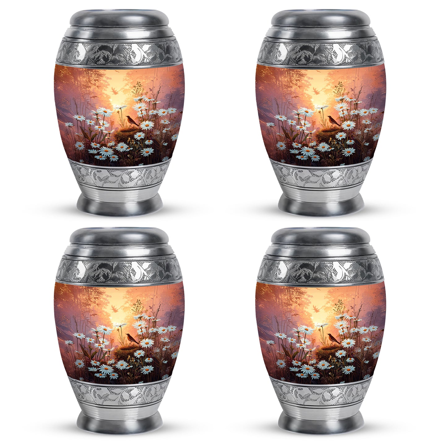 Warm Gold Daisy Cremation Urn urn with complimentary velvet bag - royal daisy engraving with decorative scrollwork - 10 inch aluminum urn for cremated remains