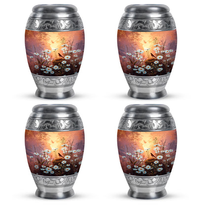 Warm Gold Daisy Cremation Urn urn with complimentary velvet bag - royal daisy engraving with decorative scrollwork - 10 inch aluminum urn for cremated remains