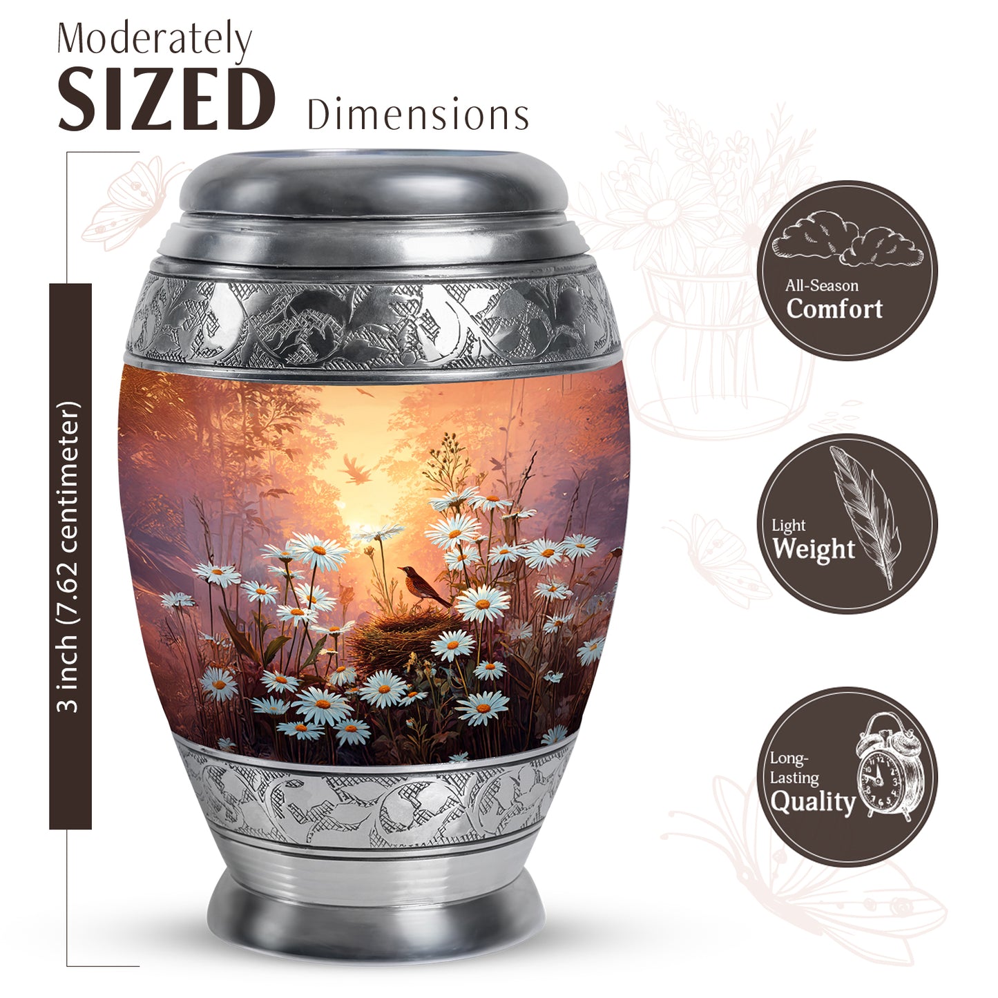 Warm Gold Daisy Cremation Urn lifestyle display on memorial shelf - majestic daisy pattern with filigree border - mini keepsake memorial for portion of cremation ashes