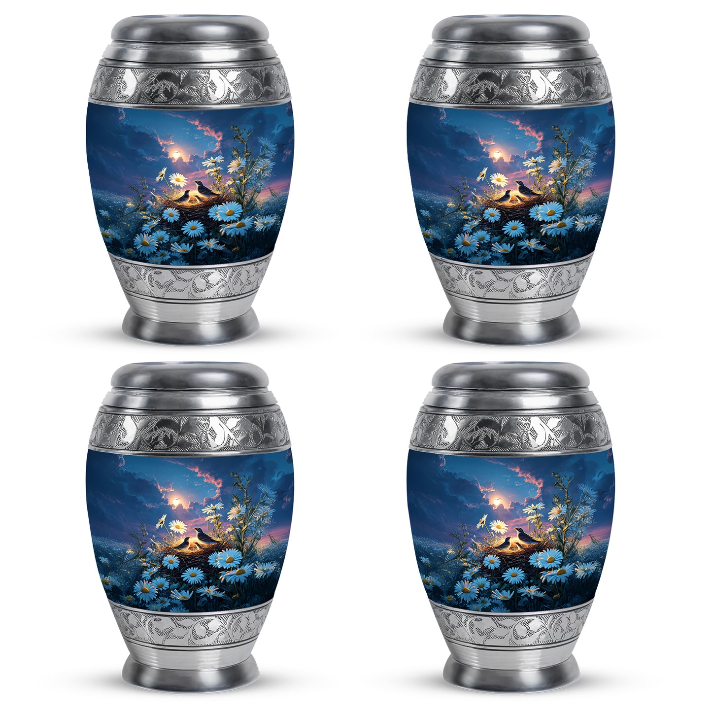 Celestial Blue Daisy Cremation Urn urn with complimentary velvet bag - ornate monarch-style daisy relief on brushed aluminum - 10 inch aluminum urn for cremated remains