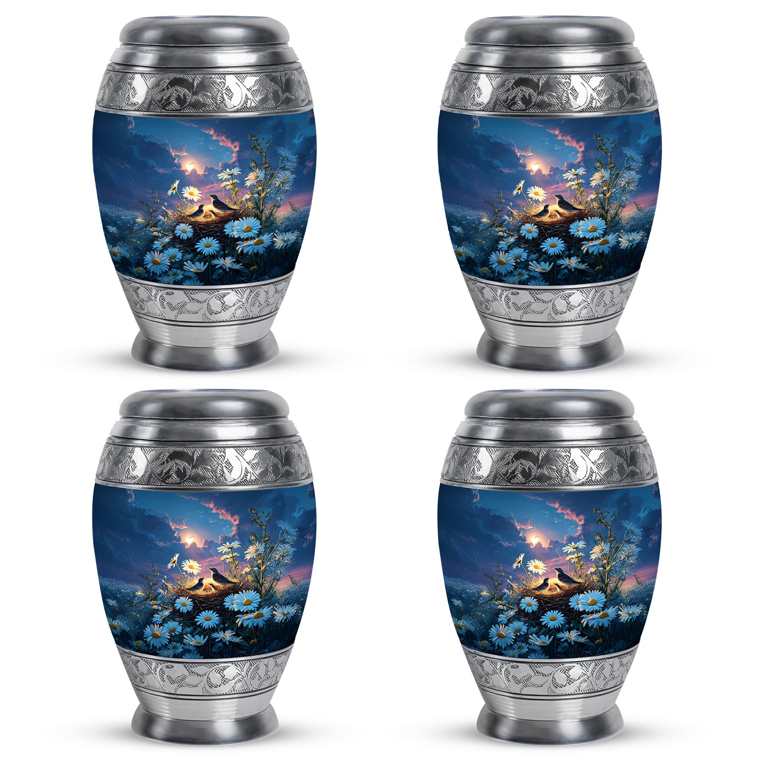 Celestial Blue Daisy Cremation Urn urn with complimentary velvet bag - ornate monarch-style daisy relief on brushed aluminum - 10 inch aluminum urn for cremated remains