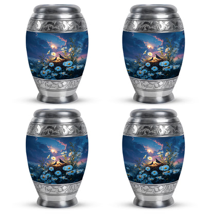 Celestial Blue Daisy Cremation Urn urn with complimentary velvet bag - ornate monarch-style daisy relief on brushed aluminum - 10 inch aluminum urn for cremated remains