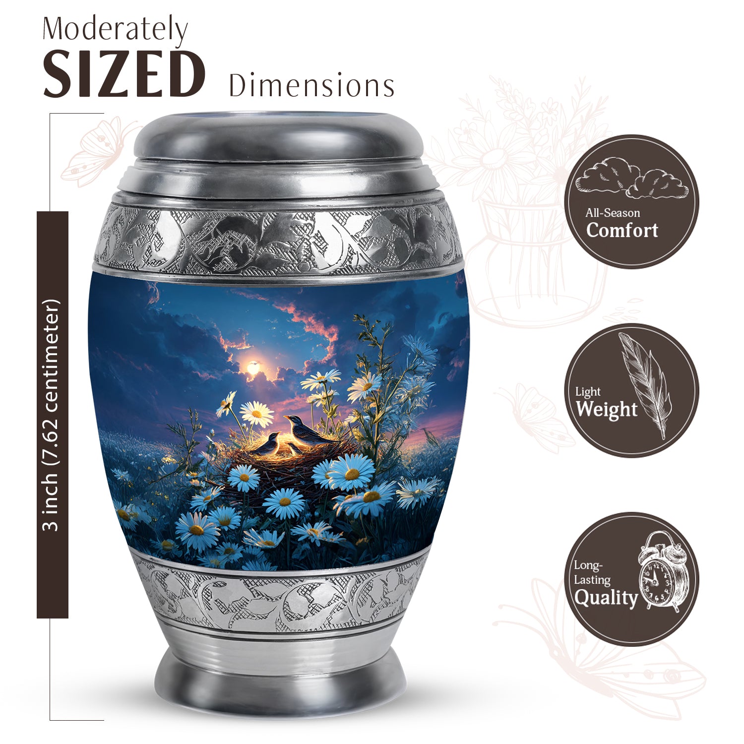 Cornflower Blue Daisy Cremation Urn lifestyle display on memorial shelf - royal daisy engraving with decorative scrollwork - mini keepsake memorial for portion of cremation ashes