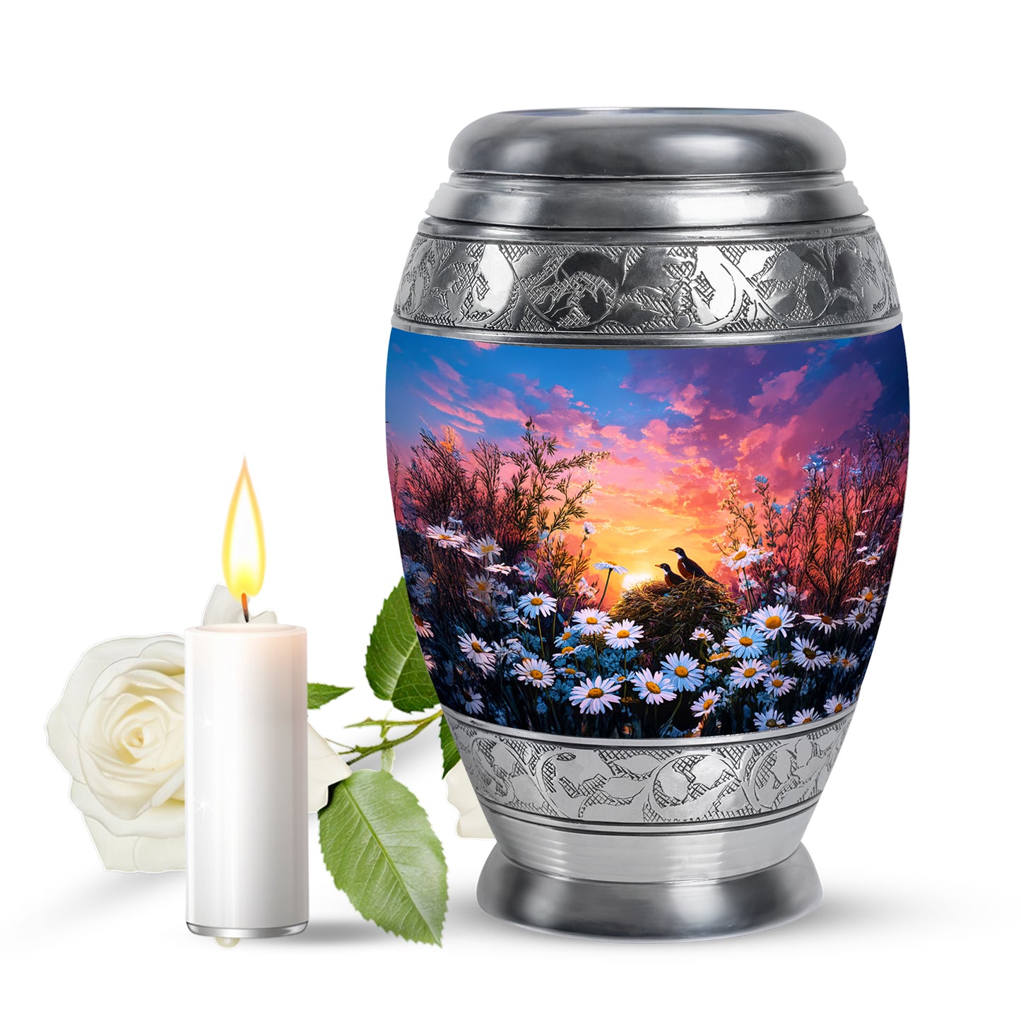 Divine Blue Daisy Cremation Urn for Ashes - 10-inch, 200 cu in - Yatskia