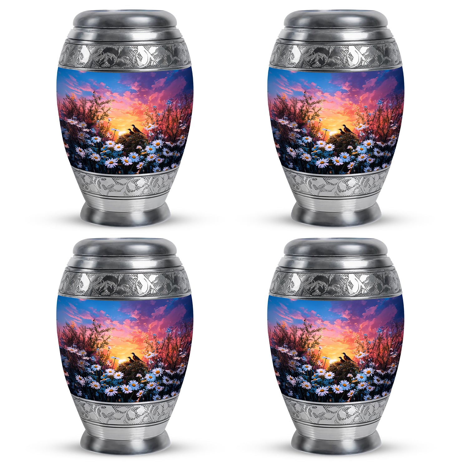 Bright Blue Daisy Cremation Urn urn with complimentary velvet bag - majestic daisy pattern with filigree border - 10 inch aluminum urn for cremated remains