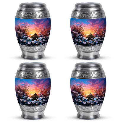 Bright Blue Daisy Cremation Urn urn with complimentary velvet bag - majestic daisy pattern with filigree border - 10 inch aluminum urn for cremated remains