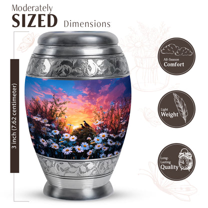 Sapphire Blue Daisy Cremation Urn lifestyle display on memorial shelf - majestic daisy pattern with filigree border - mini keepsake memorial for portion of cremation ashes