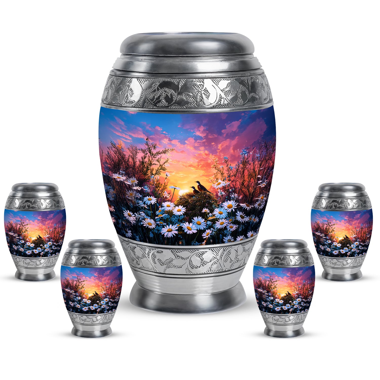 Steel Blue Daisy Cremation Urn detail view - majestic daisy pattern with filigree border - memorial set with one large and four small urns