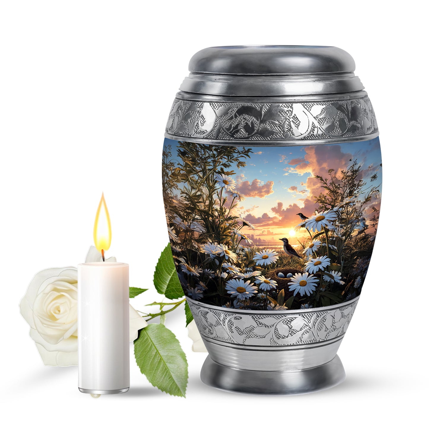 Blue Daisy Commemoration Cremation Urns for Human Ashes - 10-inch, 200 cu in - Yatskia