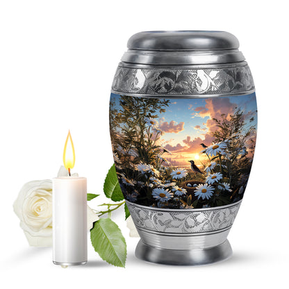 Blue Daisy Commemoration Cremation Urns for Human Ashes - 10-inch, 200 cu in - Yatskia