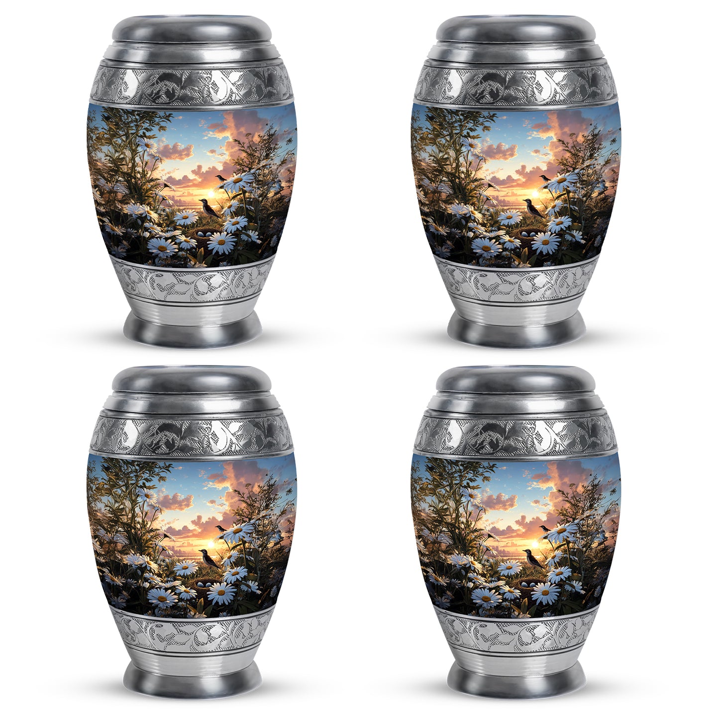 Icy Blue Daisy Cremation Urn urn with complimentary velvet bag - regal daisy design with crown-inspired accents - 10 inch aluminum urn for cremated remains