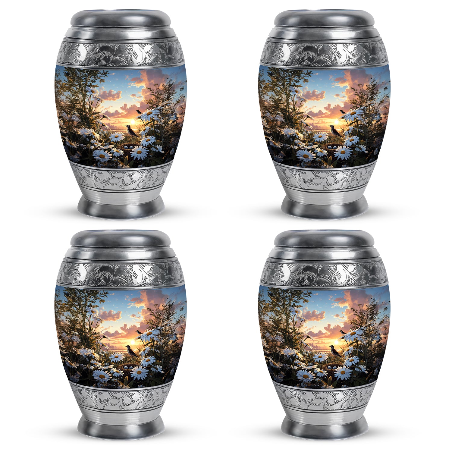 Icy Blue Daisy Cremation Urn urn with complimentary velvet bag - regal daisy design with crown-inspired accents - 10 inch aluminum urn for cremated remains