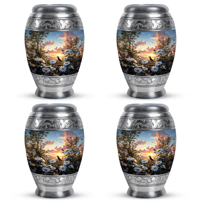 Icy Blue Daisy Cremation Urn urn with complimentary velvet bag - regal daisy design with crown-inspired accents - 10 inch aluminum urn for cremated remains
